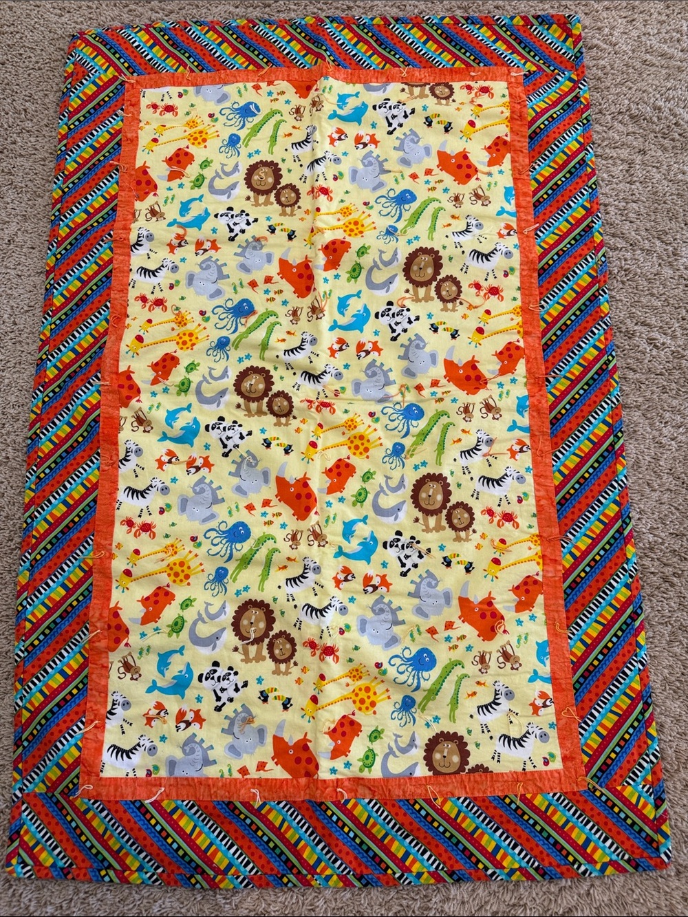 Handmade Colorful Baby Blanket Quilt, Quilted & Tied, Jungle Safari Animals